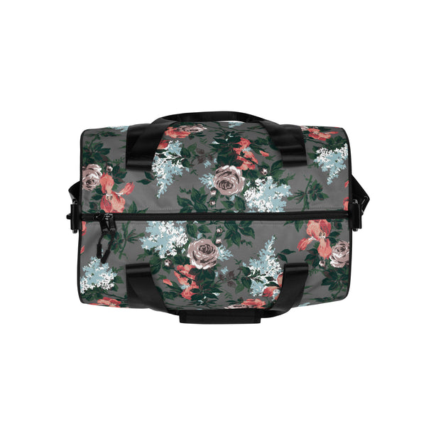 pin up girl Hillary Overnighter Carry On Workout Duffle Bag in Grey Bella Roses | Pinup Couture Relaxed pin up girl Hillary Overnighter Carry On Workout Duffle Bag in Grey Bella Roses | Pinup Couture Relaxed