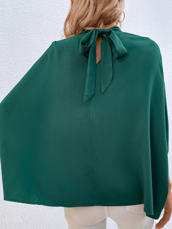 Pin Up Girl Hunter Green Tie Back Mock Neck Workwear Blouse