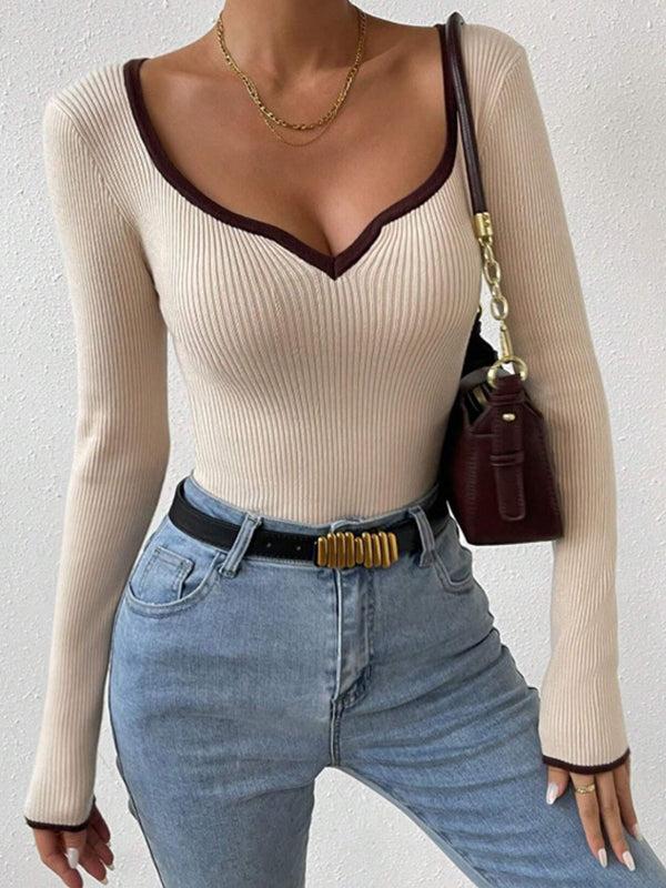 pin up girl Isla Contrast Trim Long Sleeve Knit Top | 3 Colors | Poundton