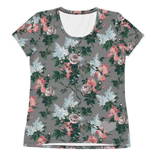 Pin Up Girl J'Adore Grey Bella Roses Print Women's Athletic T-shirt | Pinup Couture Relaxed