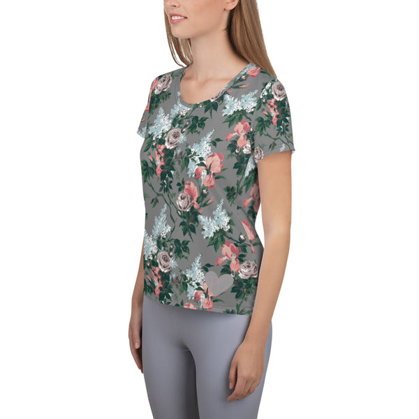 Pin Up Girl J'Adore Grey Bella Roses Print Women's Athletic T-shirt | Pinup Couture Relaxed