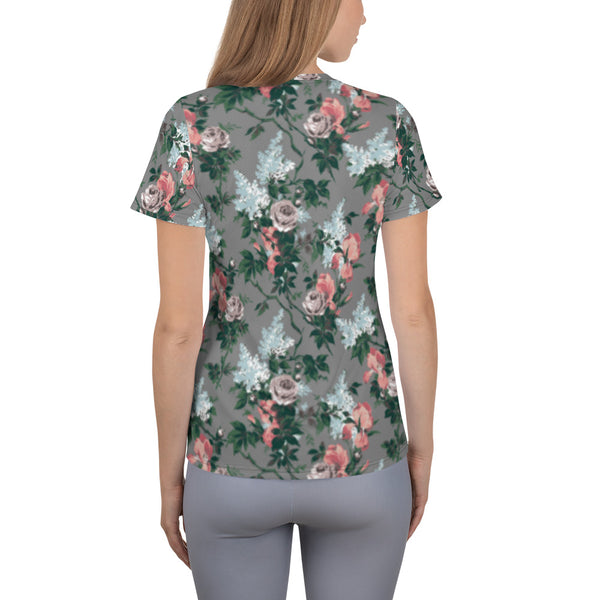Pin Up Girl J'Adore Grey Bella Roses Print Women's Athletic T-shirt | Pinup Couture Relaxed