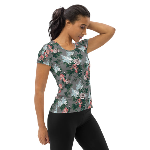 pin up girl J'Adore Grey Bella Roses Print Women's Athletic T-shirt | Pinup Couture Relaxed