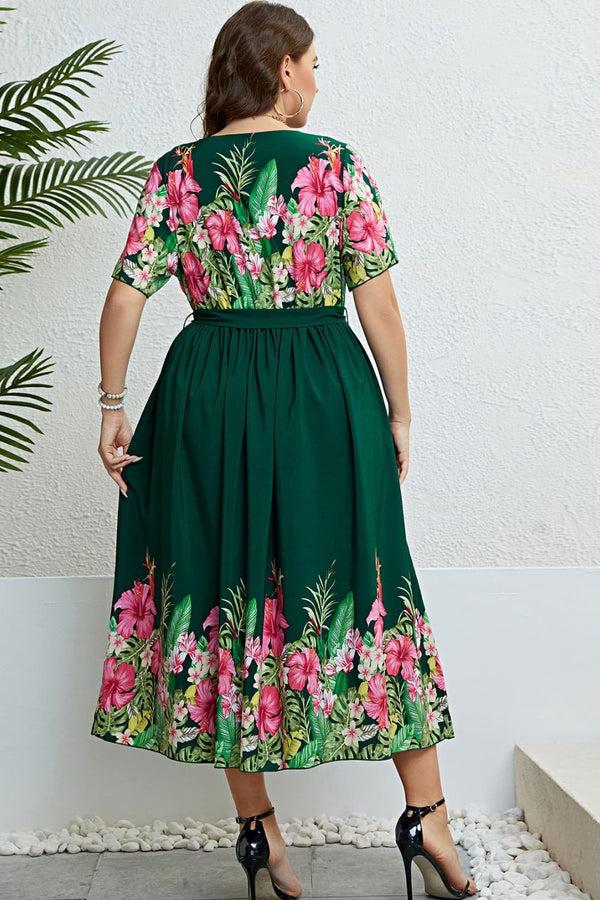 Pin Up Girl Jane Floral Round Neck Dress In Emerald Green