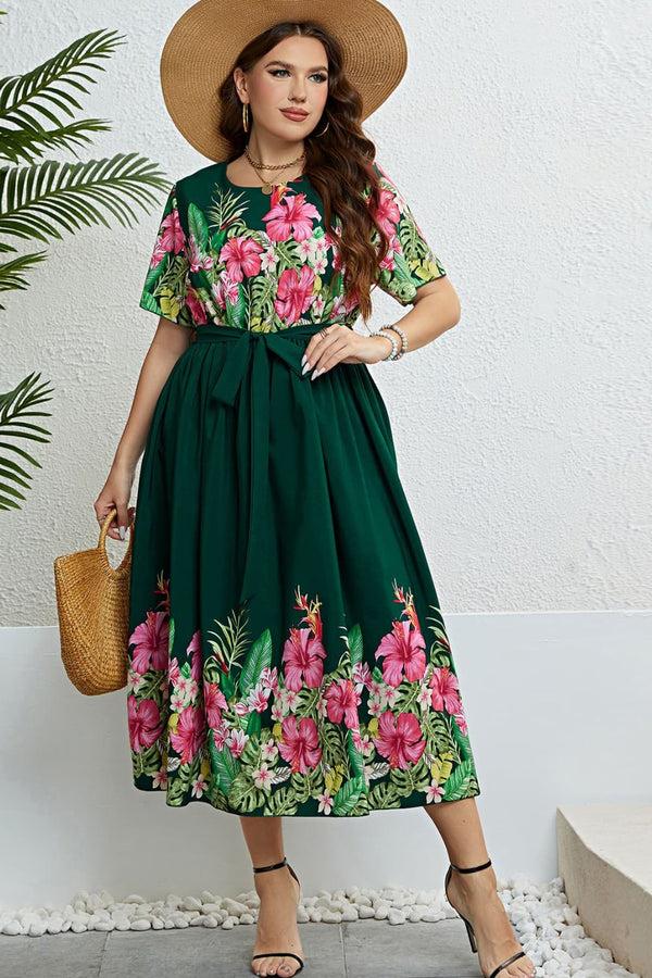 Pin Up Girl Jane Floral Round Neck Dress In Emerald Green
