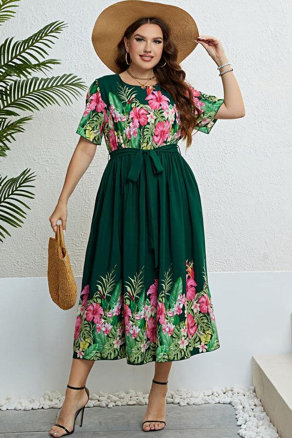 pin up girl Jane Floral Round Neck Dress in Emerald Green