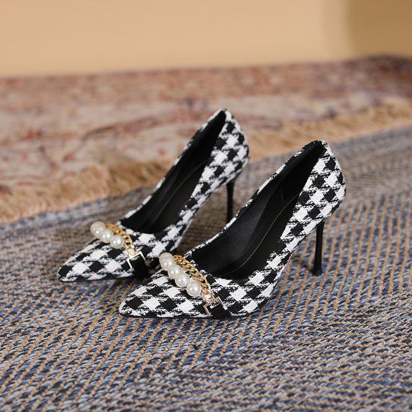 Pin Up Girl Jasmine Houndstooth Pearl Detail Point Toe Stiletto Pumps| Poundton