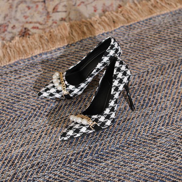 Pin Up Girl Jasmine Houndstooth Pearl Detail Point Toe Stiletto Pumps| Poundton
