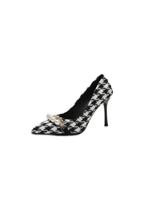 pin up girl Jasmine Houndstooth Pearl Detail Point Toe Stiletto Pumps| Poundton