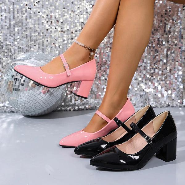 Pin Up Girl Jenna Point Toe Block Heel Mary Jane Pumps | 2 Colors | Poundton