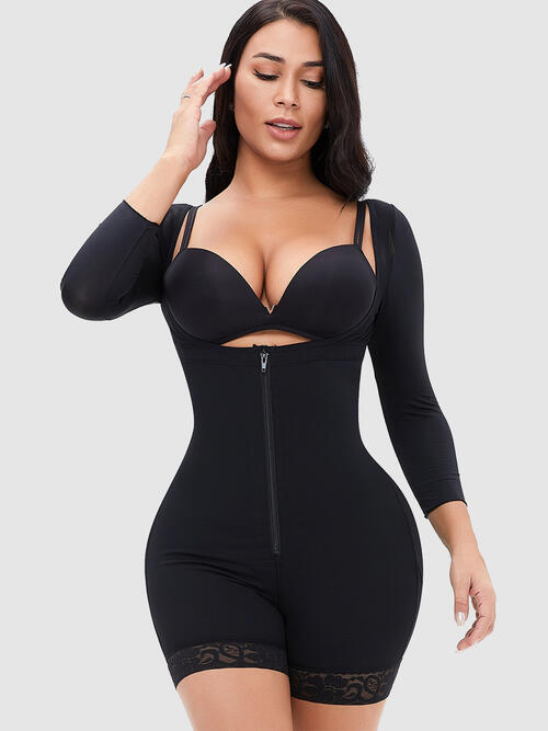 pin up girl Jess Full Size Zip Up Lace Detail Long Sleeve Shapewear | 2 Colors