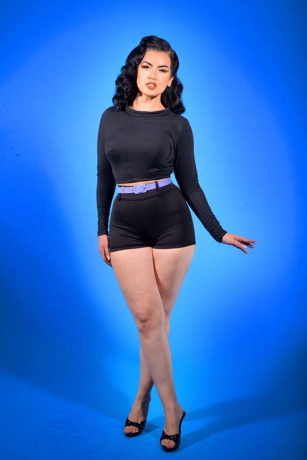 Pin Up Girl Joanna Long Sleeved Crop Top In Black Knit | Deadly Dames
