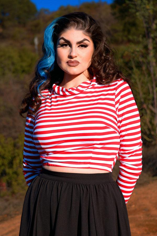 Pin Up Girl Joanna Long Sleeved Crop Top In Red And White Striped Knit | Deadly Dames