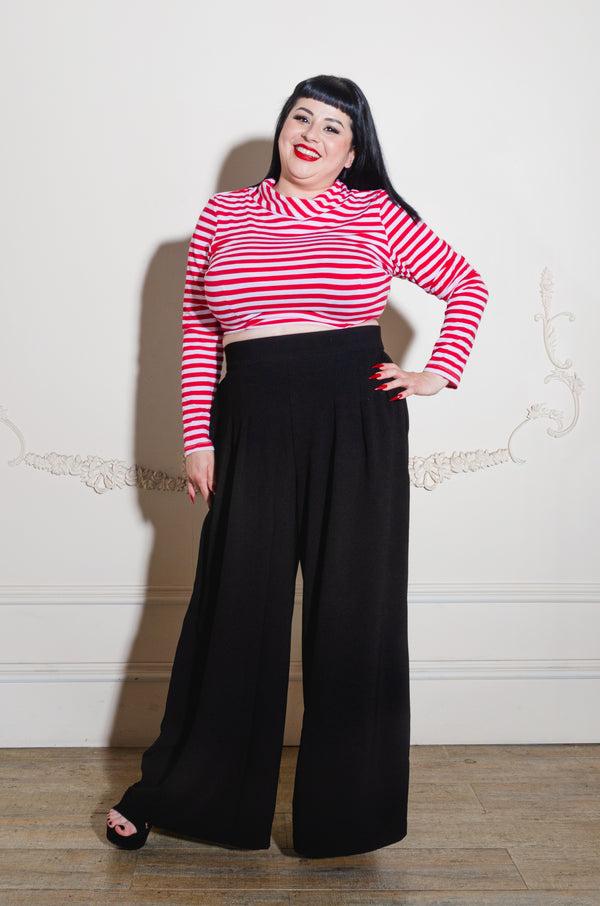 Pin Up Girl Joanna Long Sleeved Crop Top In Red And White Striped Knit | Deadly Dames