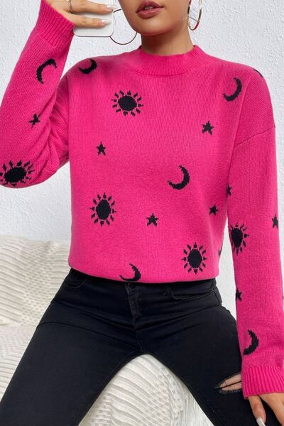 Pin Up Girl Katrina Graphic Mock Neck Dropped Shoulder Sweater | 3 Colors