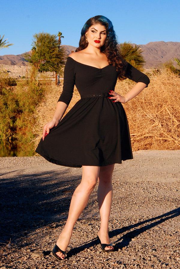 pin up girl Kayla Swing Dress in Black Scuba Crepe | Deadly Dames