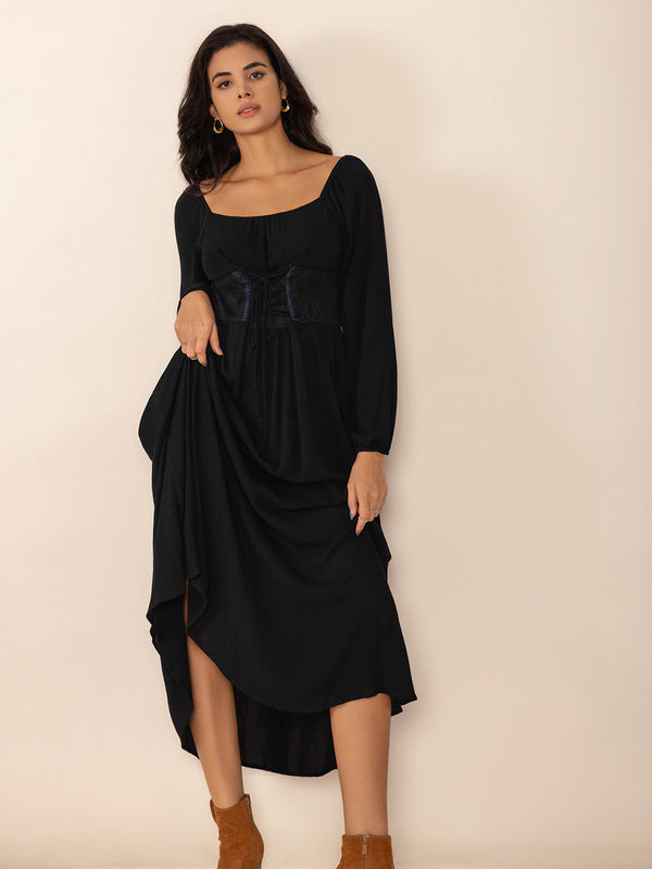 Pin Up Girl Lace-Up Square Neck Long Sleeve Midi Dress | Poundton