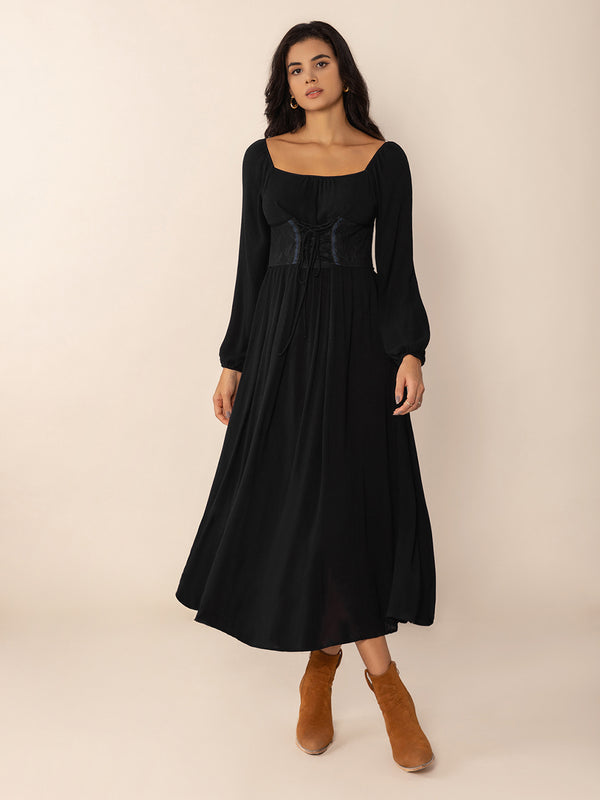 pin up girl Lace-Up Square Neck Long Sleeve Midi Dress | Poundton