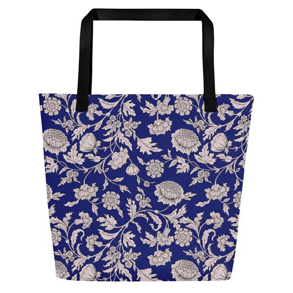 Pin Up Girl Large Tote Bag In Blue Capri Floral Print | Pinup Couture