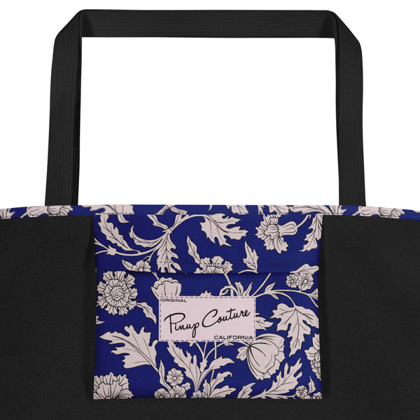 Pin Up Girl Large Tote Bag In Blue Capri Floral Print | Pinup Couture