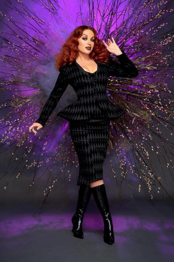 Pin Up Girl LB High Waisted Pencil Skirt In Black Flocked Harlequin | Laura Byrnes Design