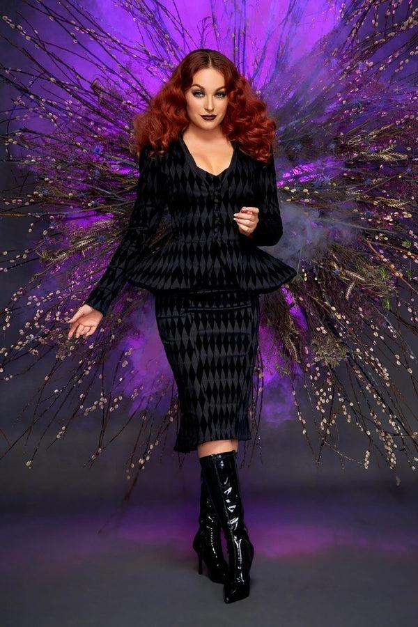 Pin Up Girl LB High Waisted Pencil Skirt In Black Flocked Harlequin | Laura Byrnes Design