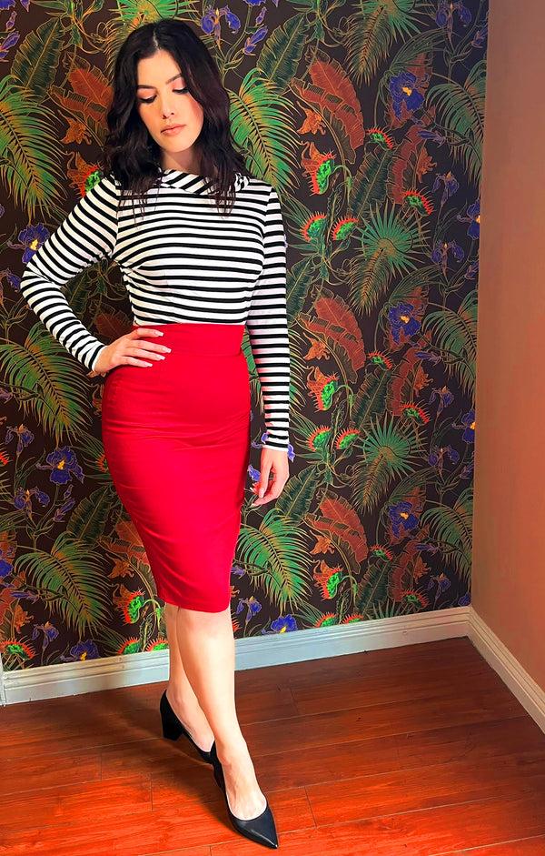 Pin Up Girl LB High Waisted Pencil Skirt In Red Cotton Sateen | Laura Byrnes Design