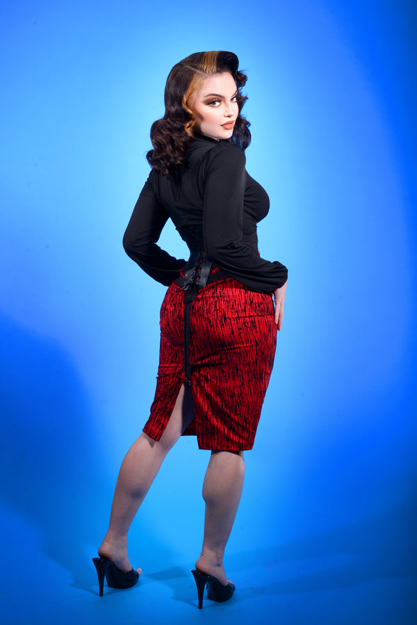 Pin Up Girl LB High Waisted Pencil Skirt In Red Flocked | Laura Byrnes Design