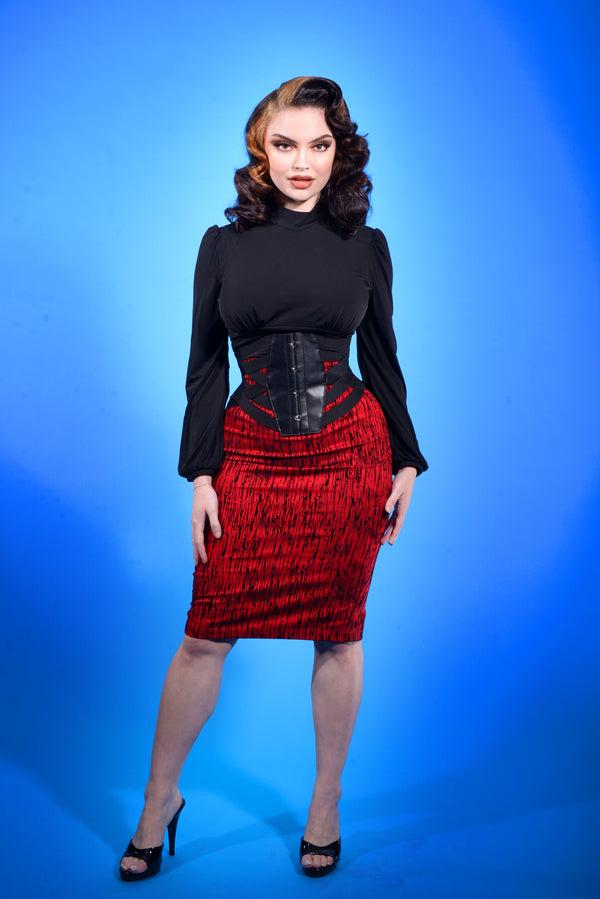 Pin Up Girl LB High Waisted Pencil Skirt In Red Flocked | Laura Byrnes Design