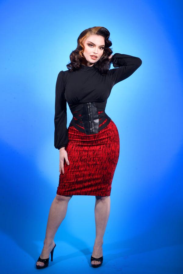 pin up girl LB High Waisted Pencil Skirt in Red Flocked | Laura Byrnes Design