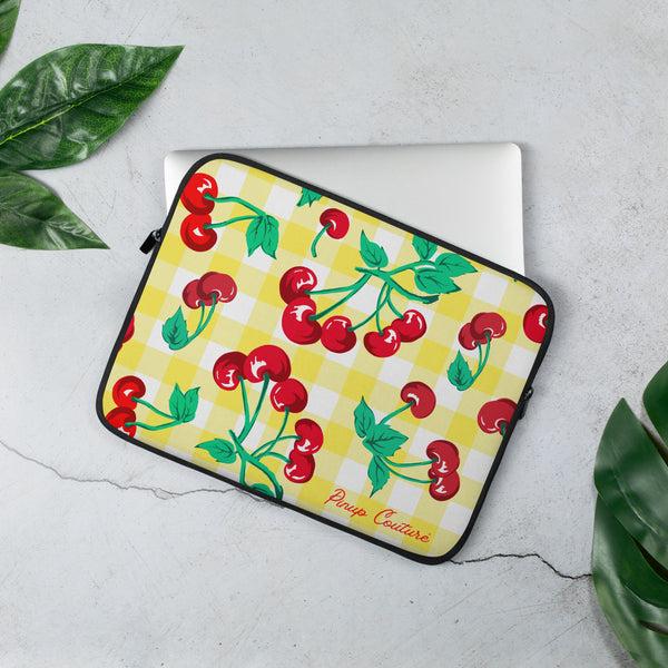pin up girl Lindy Yellow Gingham Cherries Vintage Print Laptop Sleeve | 2 Sizes | Pinup Couture Relaxed