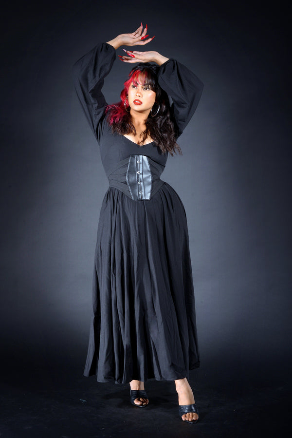 pin up girl Lucrezia Renaissance Maxi Gown in Solid Black Stretch Crepe | Laura Byrnes