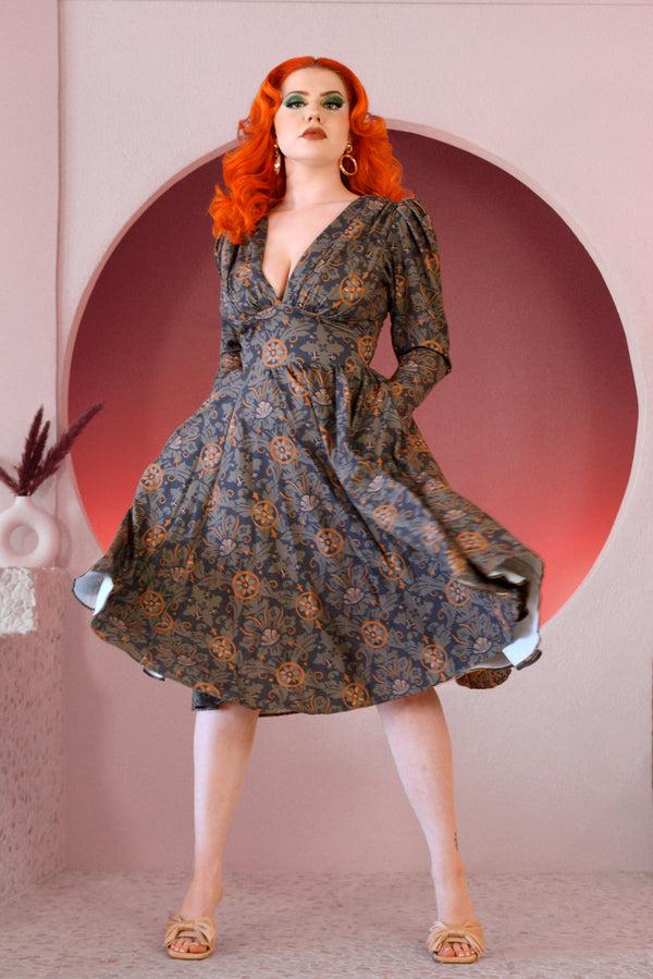Pin Up Girl Luna 40s Swing Dress In Royal Woods Crepe | Laura Byrnes & Hope Johnstun