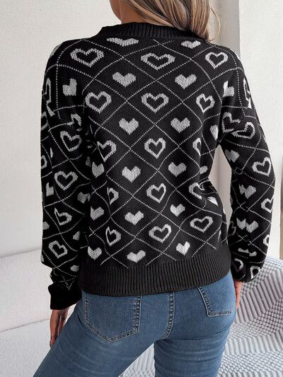 Pin Up Girl Mabel Heart Pattern V-Neck Long Sleeve Graphic Sweater | 3 Colors | Poundton