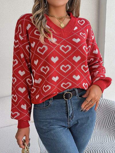 pin up girl Mabel Heart Pattern V-Neck Long Sleeve Graphic Sweater | 3 Colors | Poundton