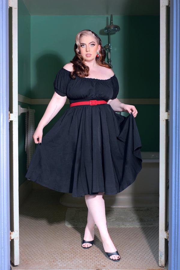 Pin Up Girl Marie-Thérèse Peasant Dress With Short Sleeves In Black Poly Crepe | Pinup Couture