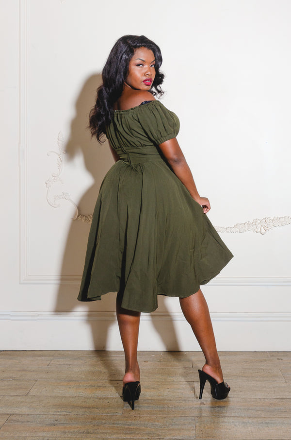 Pin Up Girl Marie-Thérèse Peasant Dress With Short Sleeves In Olive Poly Crepe | Pinup Couture