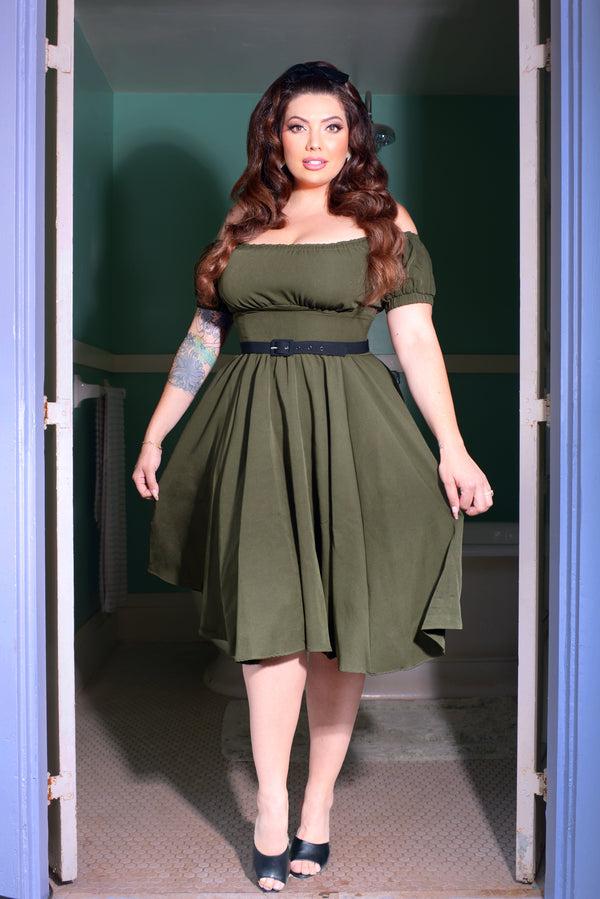 Pin Up Girl Marie-Thérèse Peasant Dress With Short Sleeves In Olive Poly Crepe | Pinup Couture