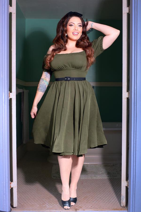 pin up girl Marie-Thérèse Peasant Dress with Short Sleeves in Olive Poly Crepe | Pinup Couture