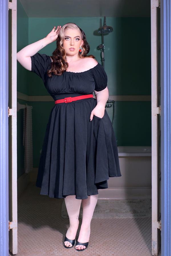 pin up girl Marie-Thérèse Peasant Dress with Short Sleeves in Black Poly Crepe | Pinup Couture