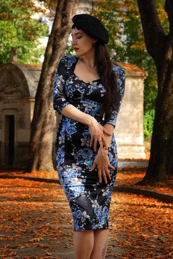 Pin Up Girl Mona Vintage Vamp Wiggle Dress In Gothic Blue Roses Satin | Pinup Couture