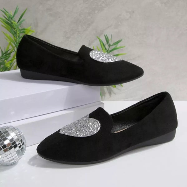 Pin Up Girl My Heart Be'dazzled Black And Silver Slip-On Loafers | Poundton