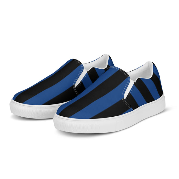 Pin Up Girl Nevermore Blue & Black Mark Stripe Women’s Canvas Slip-On Flat Deck Shoe | Dorothy Shoes