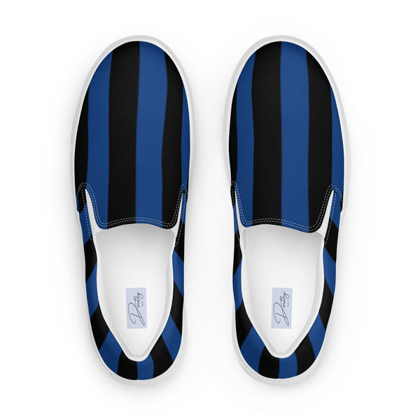 Pin Up Girl Nevermore Blue & Black Mark Stripe Women’s Canvas Slip-On Flat Deck Shoe | Dorothy Shoes