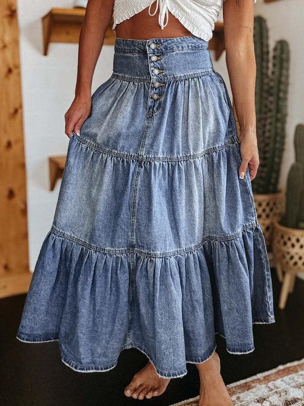 Pin Up Girl Not My First Rodeo Tiered Button-Fly Denim Skirt | Poundton