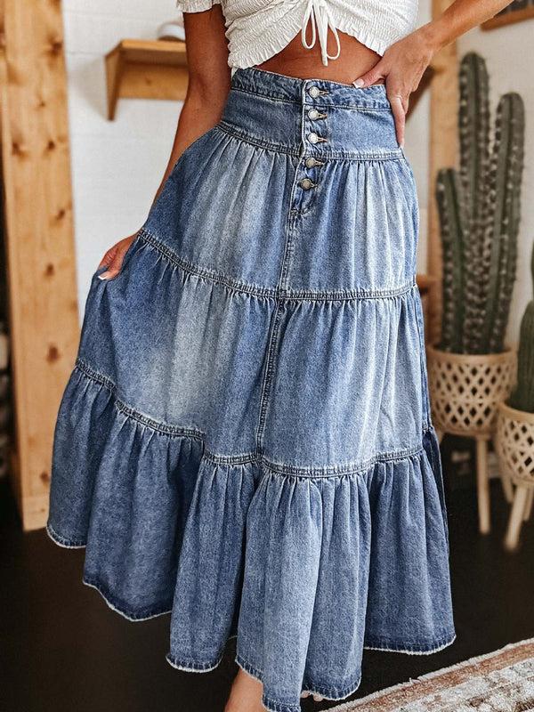 pin up girl Not My First Rodeo Tiered Button-Fly Denim Skirt | Poundton