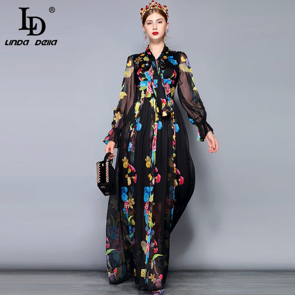 Pin Up Girl Ophelia Black Vintage Floral Print Chiffon Royalcore Long Sleeve Maxi Dress | Linda Della