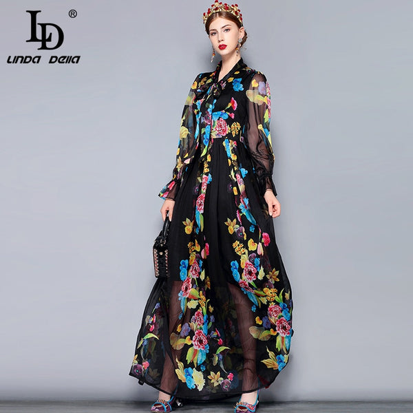 Pin Up Girl Ophelia Black Vintage Floral Print Chiffon Royalcore Long Sleeve Maxi Dress | Linda Della