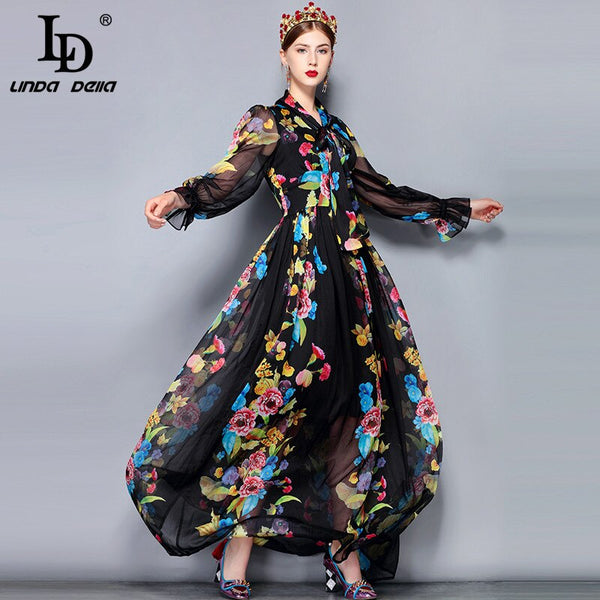 Pin Up Girl Ophelia Black Vintage Floral Print Chiffon Royalcore Long Sleeve Maxi Dress | Linda Della