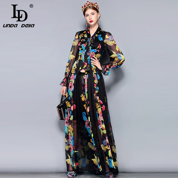 pin up girl Ophelia Black Vintage Floral Print Chiffon Royalcore Long Sleeve Maxi Dress | Linda Della